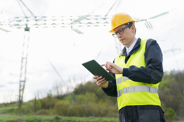 Poster - Engineer with digital tablet on a background of power line tower.