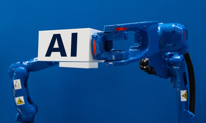 Leinwandbilder - Robot arm with box and text ROBOT. Smart industry concept