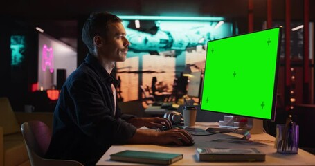 Aufkleber - Portrait of Male Working in Creative Agency Office, Checking Data and Sending E.Mails. Successful Specialist Using Desktop Computer with Green Screen Mock Up Display During Night