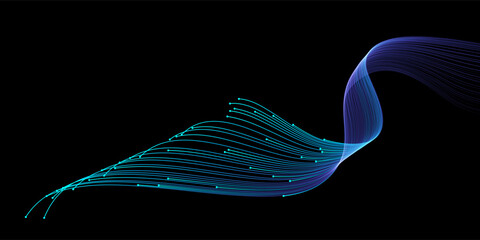 Poster - Vector abstract light lines wavy flowing dynamic in blue green colors isolated on black background for concept of AI technology, digital, communication, 5G, science, music
