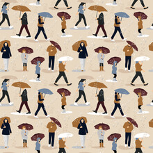 Vector Illustration Of People In The Rain. Autumn Mood. Trendy Retro Style On Beige. Seamless Fall Pattern.
