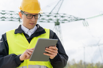 Poster - Engineer with digital tablet on a background of power line tower.
