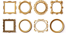A Selection Of Gilded Empty Frames Isolated Against A White Backdrop..