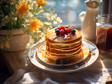 Delicious Sweet Pancakes With Berries And Honey, Cup Of Coffee, Glass Of Juice, And Vase With Fresh Flowers, Next To The Window