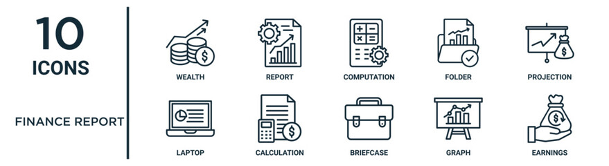 finance report outline icon set such as thin line wealth, computation, projection, calculation, graph, earnings, laptop icons for report, presentation, diagram, web design
