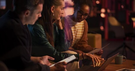 Poster - Slow Motion: Excited Marketing Manager Leading a Team Meeting in Creative Office Conference Room in the Evening. Confident Multiethnic Female Discussing a New Project Plan with Agency Employees
