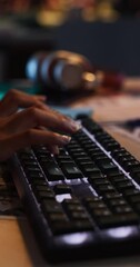 Aufkleber - Vertical Screen: Close Up Footage of Black Woman's Hands Working on Keyboard and Monitor. Female Hands Typing in Creative Game Development or Animation Agency. Female Sales Manager Developing a Plan