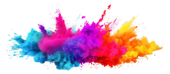 Sticker - colorful vibrant rainbow Holi paint color powder explosion with bright colors isolated white background.	