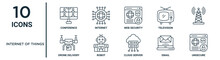 Internet Of Things Outline Icon Set Such As Thin Line Conference, Web Security, , Robot, Email, Unsecure, Drone Delivery Icons For Report, Presentation, Diagram, Web Design