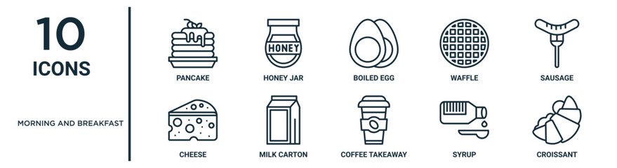 morning and breakfast outline icon set such as thin line pancake, boiled egg, sausage, milk carton, syrup, croissant, cheese icons for report, presentation, diagram, web design