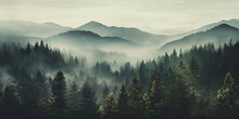 Misty Fir Forest Beautiful Landscape In Hipster Vintage Retro Style, Foggy Mountains And Trees - Generative AI
