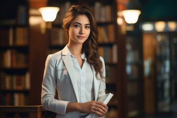 Indian female medical student in uniform and holding books in hand