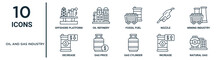 Oil And Gas Industry Outline Icon Set Such As Thin Line Offshore Platform, Fossil Fuel, Mining Industry, Gas Price, Increase, Natural Gas, Decrease Icons For Report, Presentation, Diagram, Web