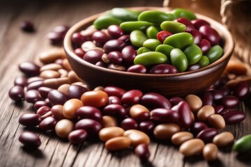 Wall Mural - Assorted beans in bowls on a wooden background