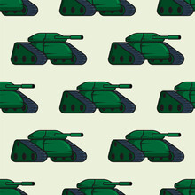 Seamless Pattern With Combat Army Track Tank With Green Coloring And Long Barrel. Ornament For Decoration And Printing On Fabric And Wrapping Paper. Design Element. Vector