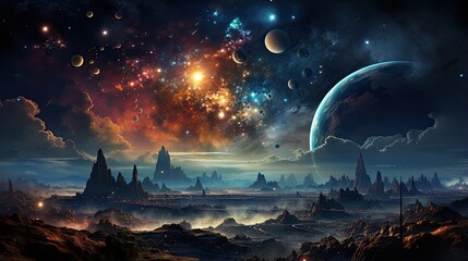 Wall Mural - Outer space scene with planets and galaxies illustration.