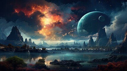 Wall Mural - Outer space scene with planets and galaxies illustration.