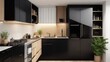 © MB Khan - A contemporary, compact kitchen with black appliances, including an oven, a sink, and a refrigerator, and a wooden countertop.