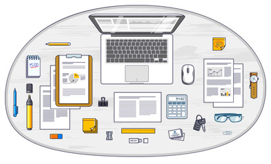 Fototapete - Office employee or entrepreneur work desk workplace with laptop computer and analytics papers with graphs and data and stationery objects on table. All elements are easy to use separately. Vector.