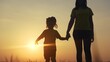 © maxximmm - mom and daughter in the park. mom a holding her daughter hand walking in the park silhouette at sunset in nature. happy lifestyle family kid dream concept. mom and kid family walking in nature
