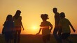 © maxximmm - happy family in the park. a group of children running silhouette and parents in nature in the park at sunset. happy sun family kid dream concept. friendly family lifestyle runs silhouette in the park