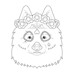 Wall Mural - Halloween greeting card for coloring. Samoyed dog dressed as a Mexican skull with red flowers on his head