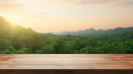 Wall Mural - Green Oasis Display: Wooden Table in Natural Harmony