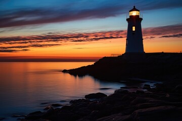 Canvas Print - Lighthouse on the seashore at sunset.