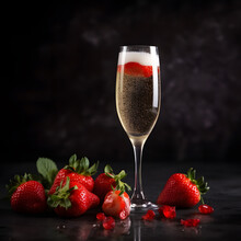 Glass Of Cold Champagne With Strawberries On A Black Background