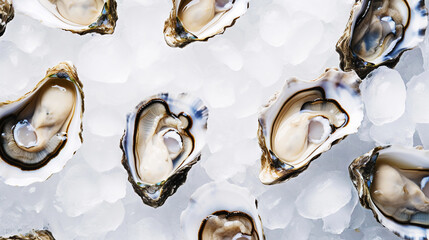 Top view on fresh oysters laying on crushed ice. Seafood background. Generative AI