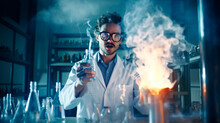 Surprised Male Scientist Conducts Experiment With Test Tubes And Liquid. Research Scientist In Medical Coat With Reagents Reactions And Substance, Flasks And Smoke.