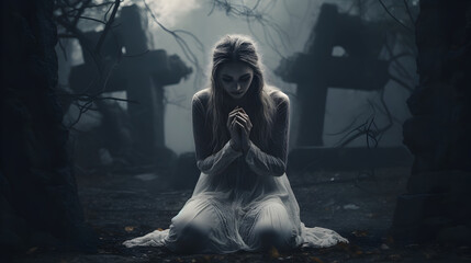 Scary sad prying blond ghost girl in the cemetary- horror theme