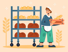 Woman Working Near Rack With Bread. Modern Loafs Manufacture With Equipment. Bread Baking Process At Factory Concept. Vector Illustration In Cartoon Style In Yellow Colors