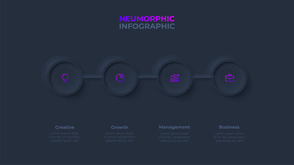 Poster - Dark four circles placed in horizontal row. Concept of 4 steps of marketing strategy. Neumorphic infographic design template