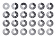 Circles divided into parts from 1 to 24. Black round chart for infographic, pie portion or pizza slice. Wheel division into fractions, circular shape sectors on white background