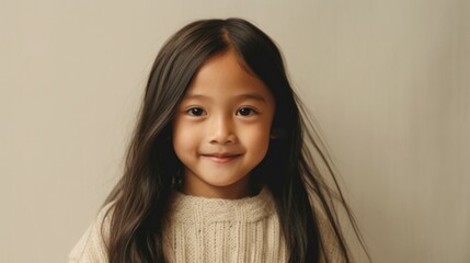 Wall Mural - Portrait of a cheerful young girl with brown hair, dressed in neutral colors, smiling warmly against a beige studio background. Generative AI