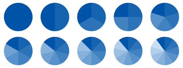Fototapete - Circles divided diagram 3, 10, 7, graph icon pie shape section chart. Segment circle round vector 6, 9 devide infographic.