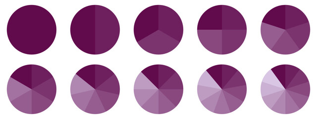 Fototapete - Circles divided diagram 3, 10, 7, graph icon pie shape section chart. Segment circle round vector 6, 9 devide infographic.