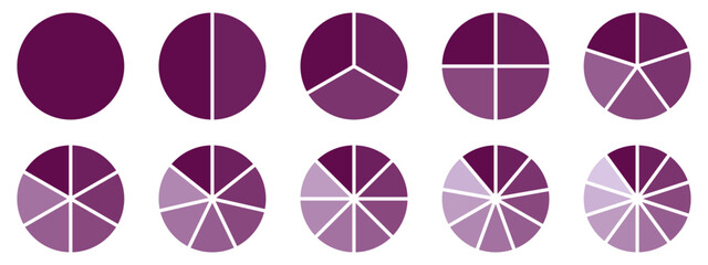 Fototapete - Circles divided diagram 3, 10, 7, graph icon pie shape section chart. Segment circle round vector 6, 9 devide infographic.