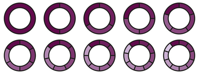 Fototapete - Circles divided diagram 3, 10, 7, graph icon pie shape section chart. Segment circle round vector 6, 9 devide infographic.