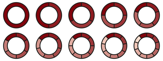 Fototapete - Circles divided diagram 3, 10, 7, graph icon pie shape section chart. Segment circle round vector 6, 9 devide infographic.