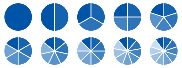 Fototapete - Circles divided diagram 3, 10, 7, graph icon pie shape section chart. Segment circle round vector 6, 9 devide infographic.