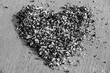 Heart formed with sea shells on the sandy beach of an east frisian island in Germany in National Park “Wadden sea“. Symbol of love made with hundreds of mussels. Black and white greyscale background.