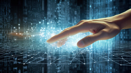 Poster - A businessman interacts with futuristic digital business technology, exploring data and information in a virtual cyberspace interface