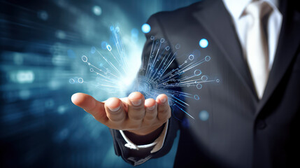 Poster - An innovative businessman explores the digital realm, connecting with the global network through advanced technology and data interfaces