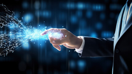 Poster - A businessman interacts with futuristic digital business technology, exploring data and information in a virtual cyberspace interface