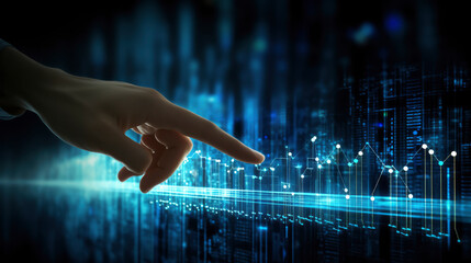 Poster - Exploring the future of digital technology: A businessman's hand interacts with a cutting-edge interface, analyzing financial data and connectivity