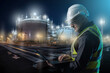 © Grispb - Oil refinery engineer. Man industrialist with laptop. Engineer near evening factory. Oil refinery worker. Industrial engineer stands on street. Man oil worker in reflective vest. Petroleum industry