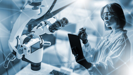 Poster - woman scientist. girl laboratory assistant uses microscope. microscope near researcher. lady scienti