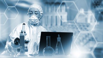 Poster - woman laboratory assistant. researcher with microscope. chemist in protective suit. virologist with 